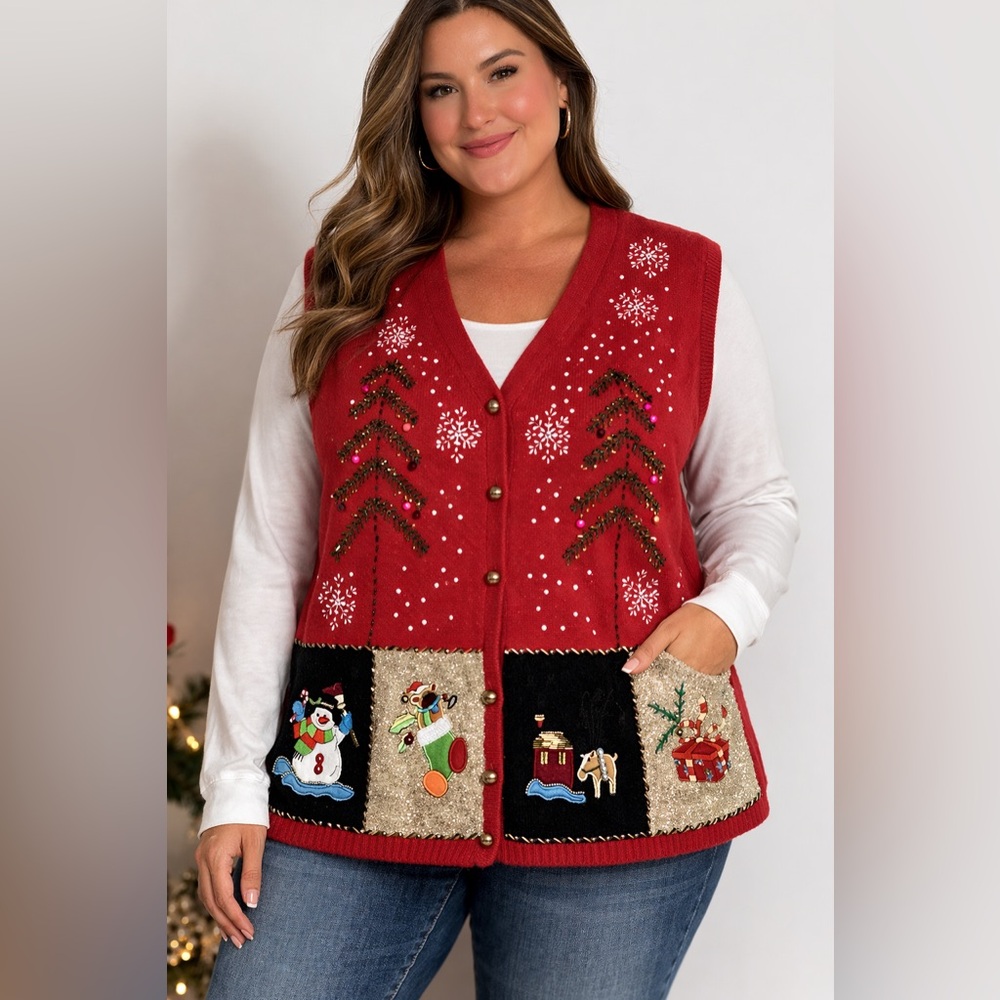Lisa International Christmas Sweater Womens Embroidered Beaded Tree Size 1X